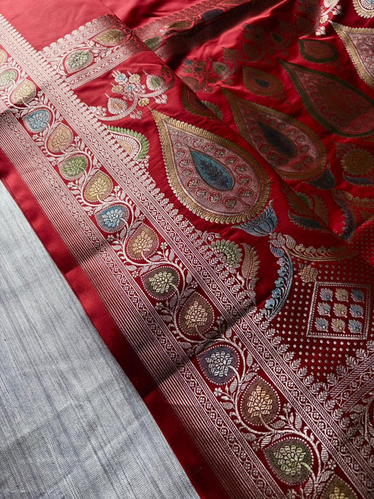 Hath Rang Lal Mirchi Red Mashru Silk Saree | Hand Painted Meenakari Border & Pallu | Premium Soft Silk Banarasi Saree