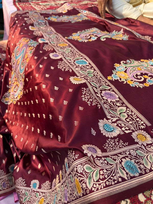 Handpainted Coffee Color Banarasi Saree in Mashru Katan Silk | Meenakari Butta Work | Designer Pallu | Lightweight Premium Saree