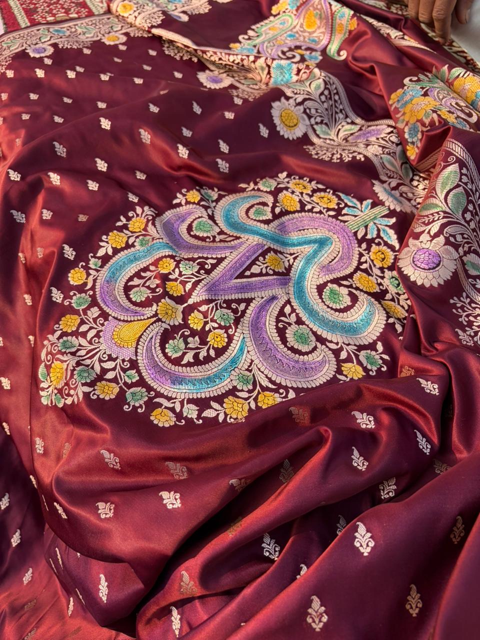 Handpainted Coffee Color Banarasi Saree in Mashru Katan Silk | Meenakari Butta Work | Designer Pallu | Lightweight Premium Saree