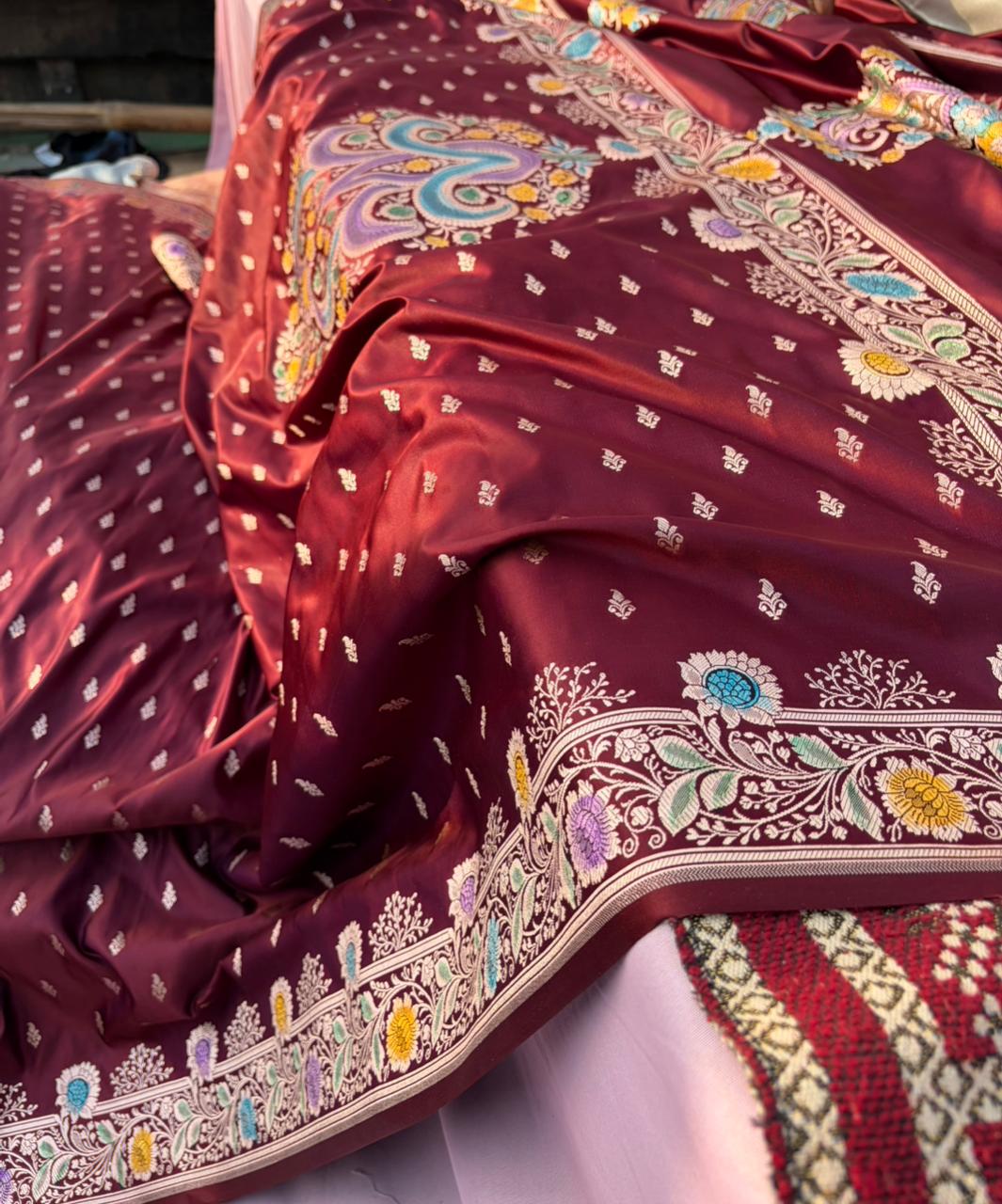 Handpainted Coffee Color Banarasi Saree in Mashru Katan Silk | Meenakari Butta Work | Designer Pallu | Lightweight Premium Saree