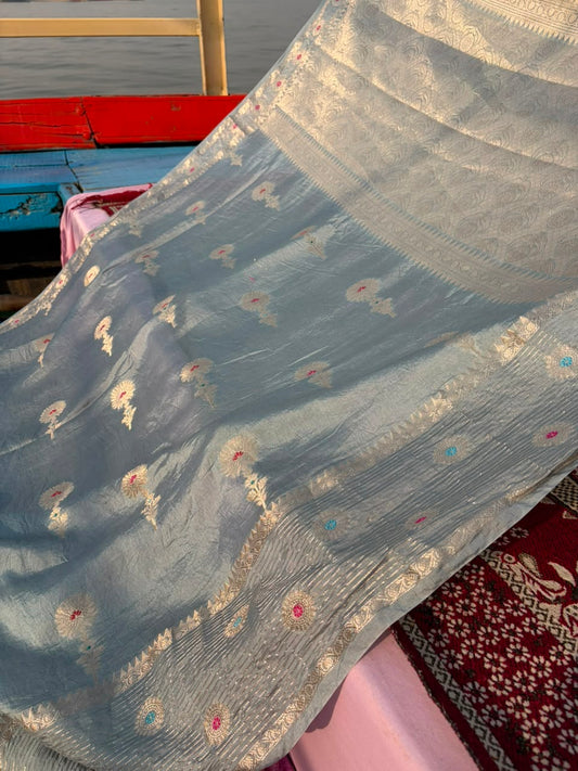 Premium Blended Raw Mango Silk Banarasi Saree – White with Red & Silver Meenakari