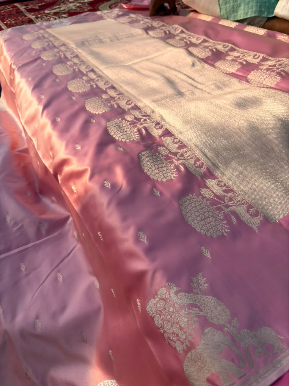 Premium Mashru Silk Onion Pink Saree | Deer Couple & Elephant Motif