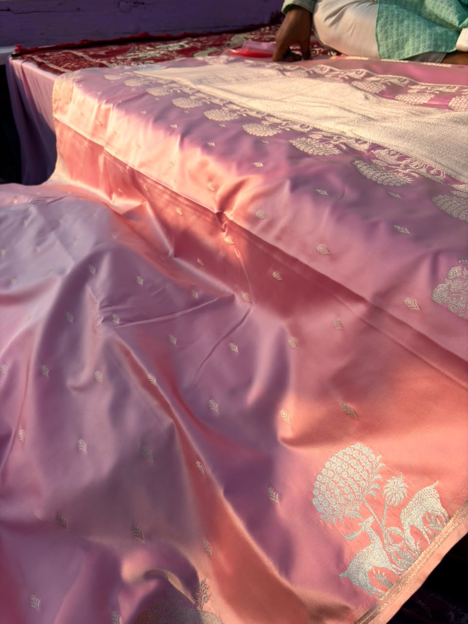Premium Mashru Silk Onion Pink Saree | Deer Couple & Elephant Motif