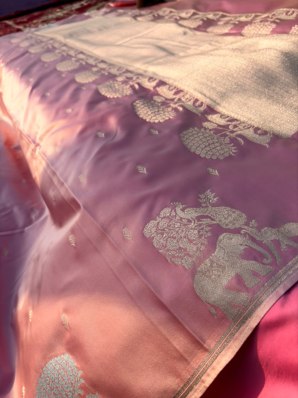 Premium Mashru Silk Onion Pink Saree | Deer Couple & Elephant Motif