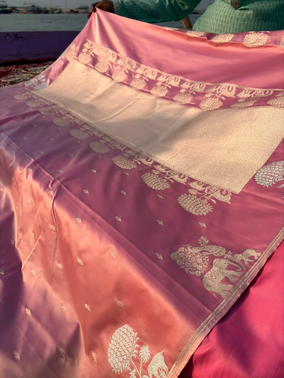 Premium Mashru Silk Onion Pink Saree | Deer Couple & Elephant Motif