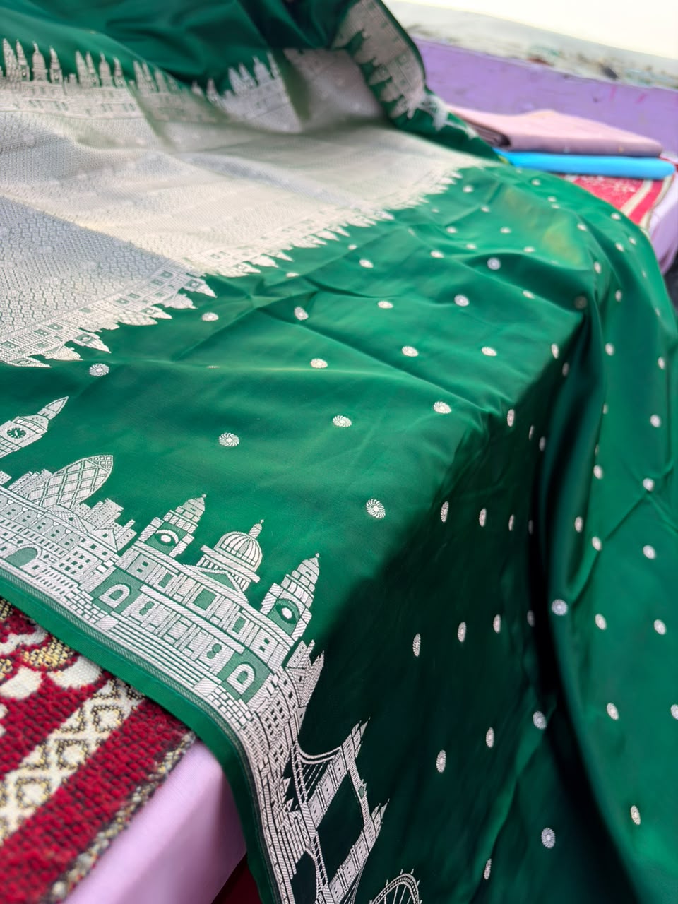 Bottle Green London Skyline Banarasi Mashru Silk Saree - full drape view