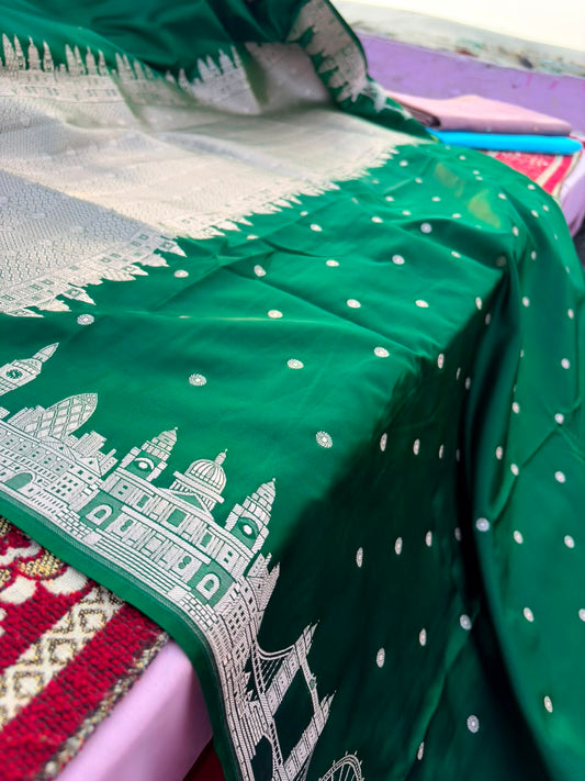 Bottle Green London Skyline Banarasi Mashru Silk Saree - full drape view