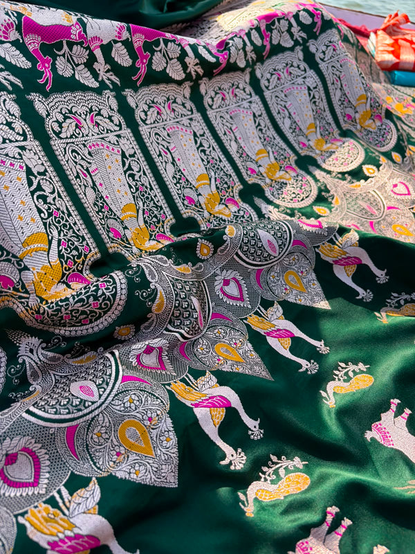 Bottle Green Sikargha Bridal Banarasi Saree