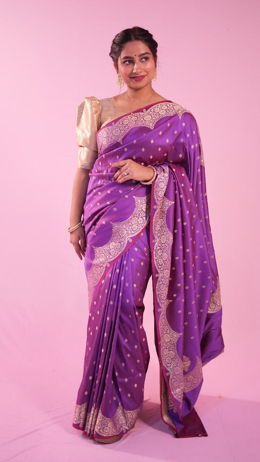 Scalp Border Purple Banarasi Saree