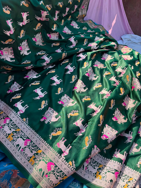 Bottle Green Sikargha Bridal Banarasi Saree