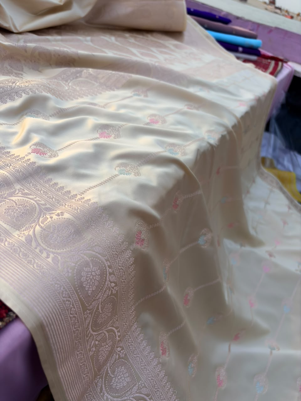 Off-White Mashru Katan Silk Banarasi Saree | Striped Meenakari Butti with Sona & Pink Zari