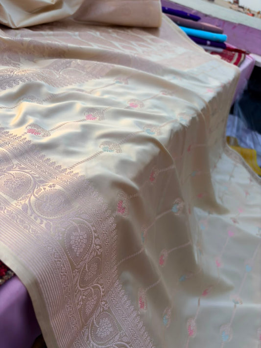Off-White Mashru Katan Silk Banarasi Saree | Striped Meenakari Butti with Sona & Pink Zari