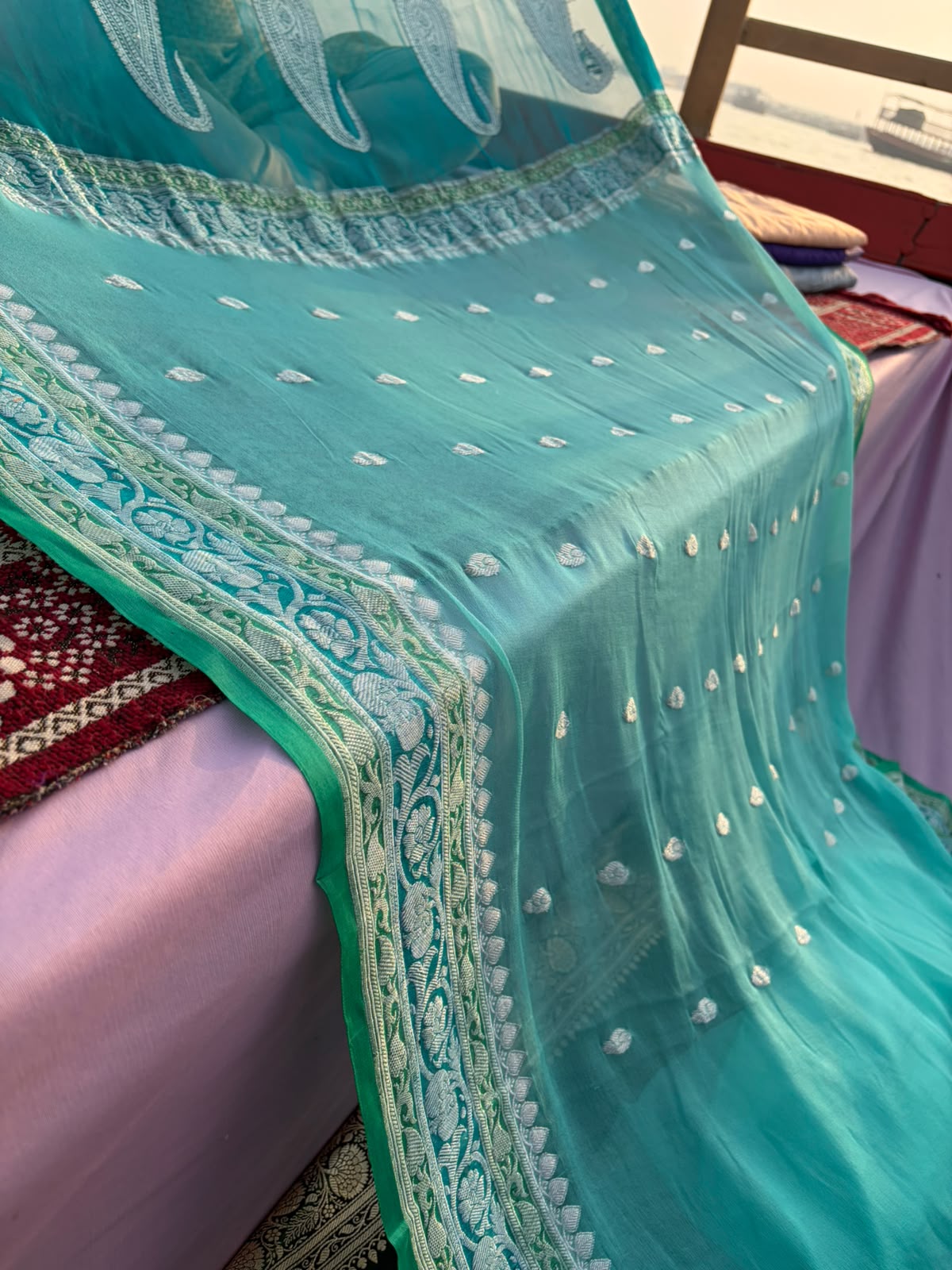 Pure Khadi Georgette Saree – 3D Dye | Sea Green with Silver Zari