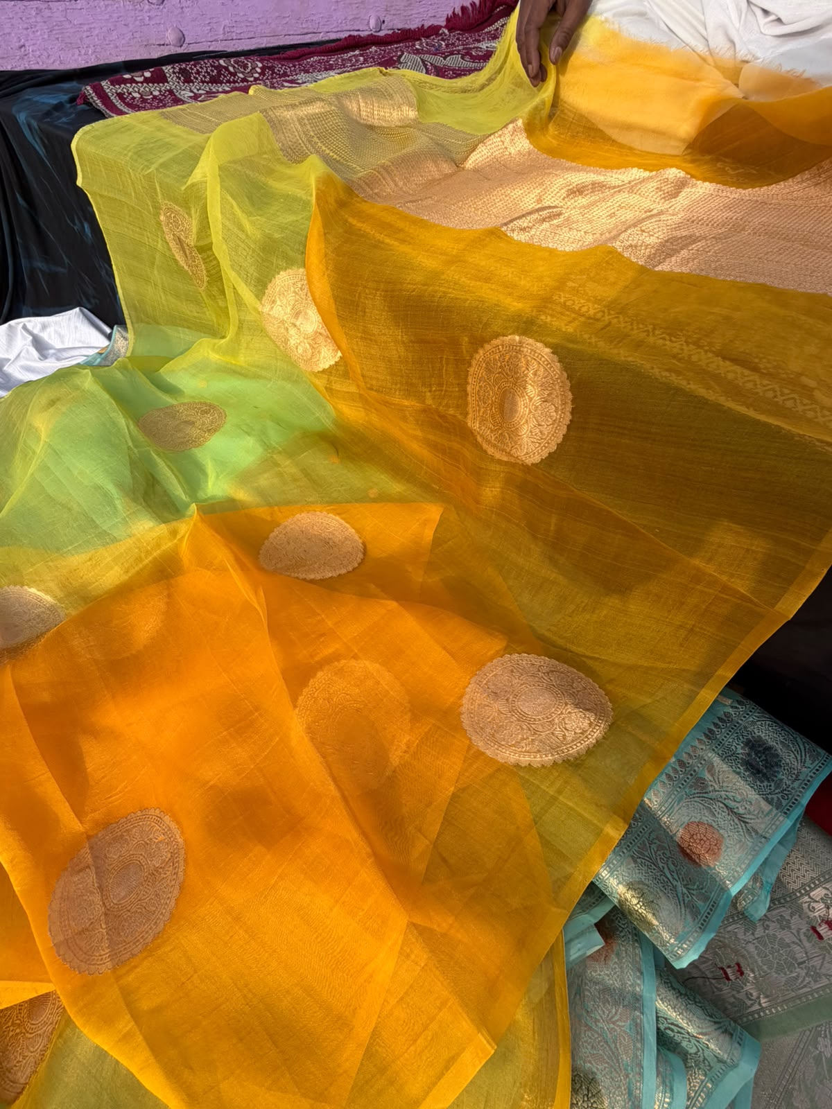 Pure Organza Saree | Mango Yellow Borderless Big Buta Design