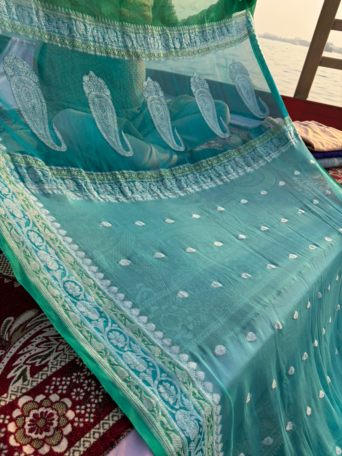 Pure Khadi Georgette Saree – 3D Dye | Sea Green with Silver Zari