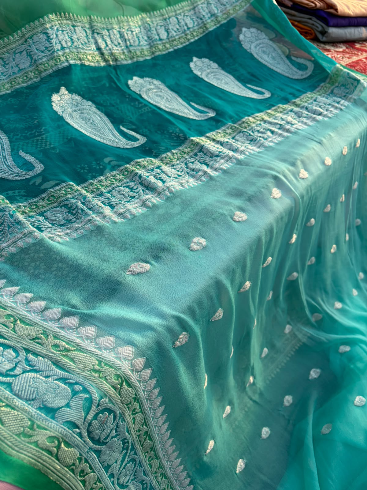 Pure Khadi Georgette Saree – 3D Dye | Sea Green with Silver Zari