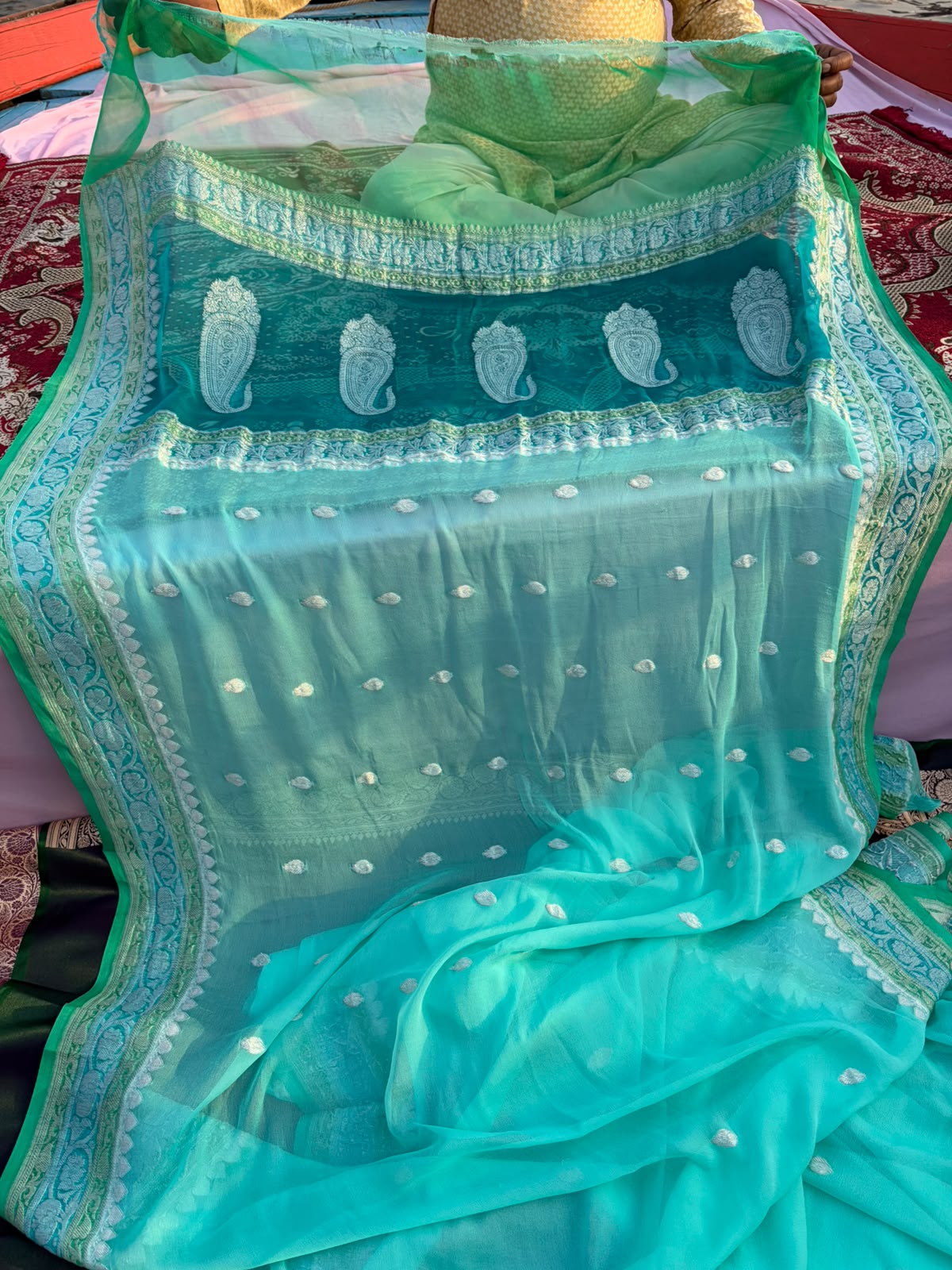 Pure Khadi Georgette Saree – 3D Dye | Sea Green with Silver Zari