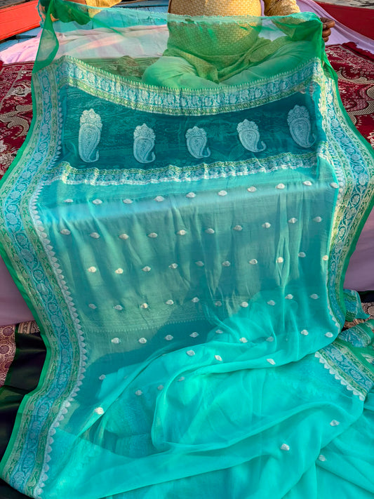 Pure Khadi Georgette Saree – 3D Dye | Sea Green with Silver Zari