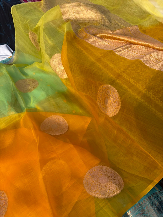 Pure Organza Saree | Mango Yellow Borderless Big Buta Design
