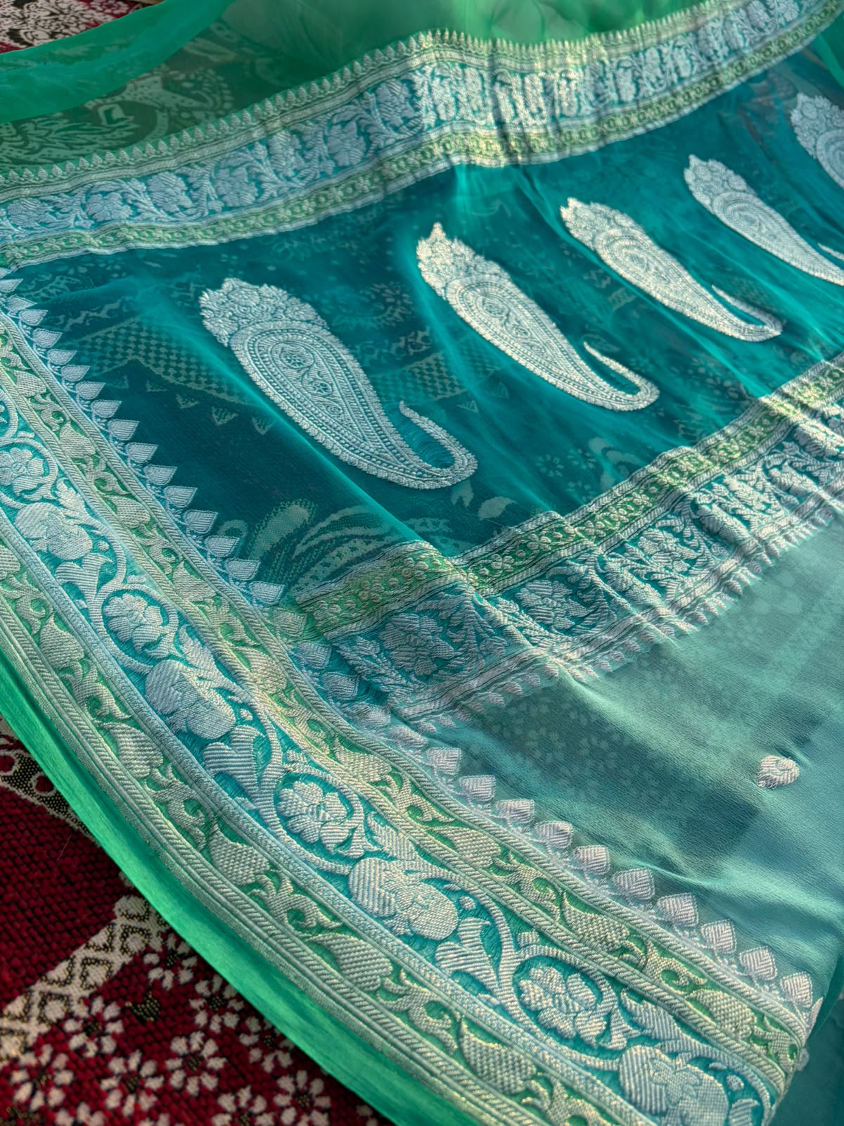 Pure Khadi Georgette Saree – 3D Dye | Sea Green with Silver Zari