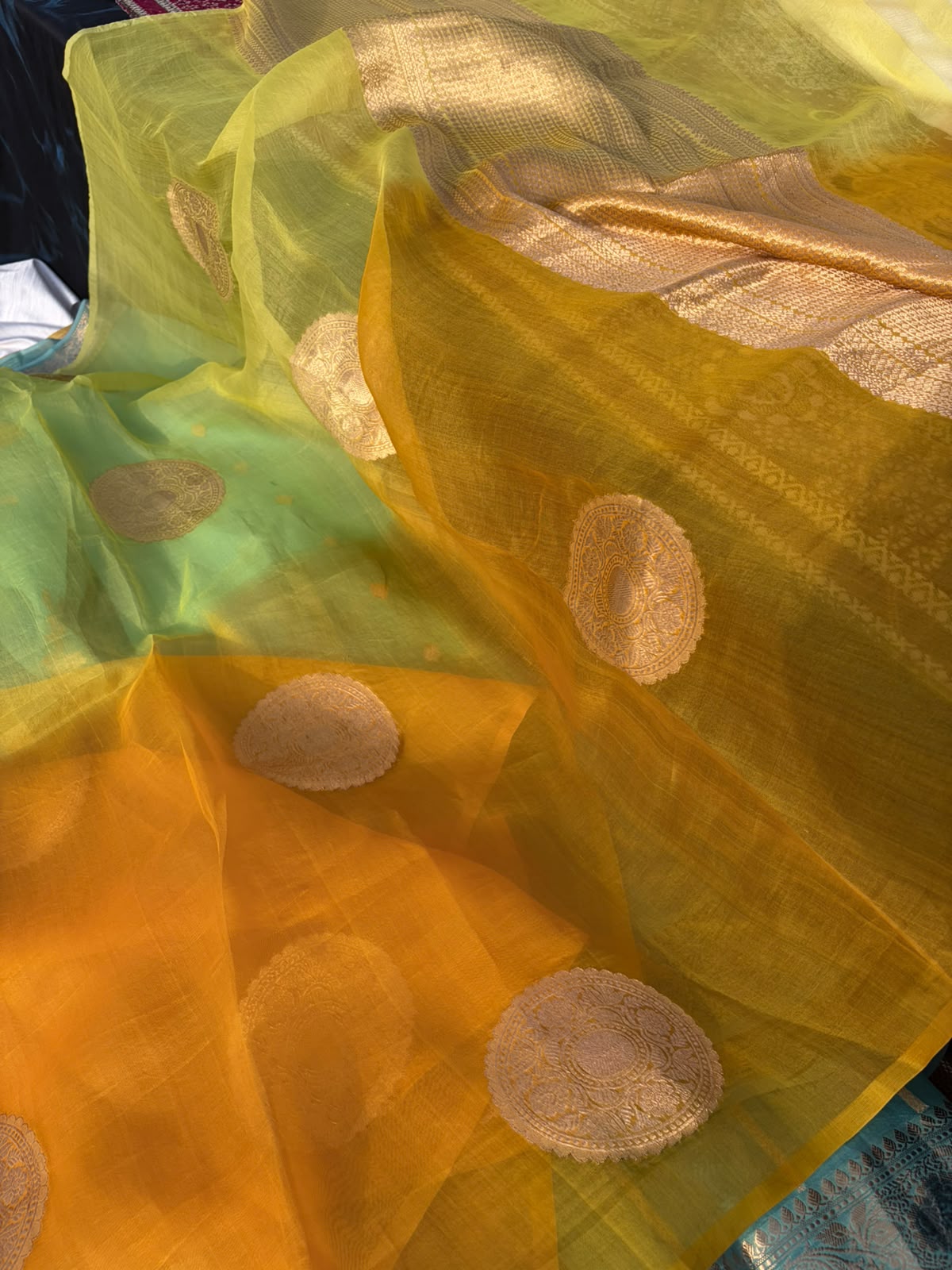 Pure Organza Saree | Mango Yellow Borderless Big Buta Design
