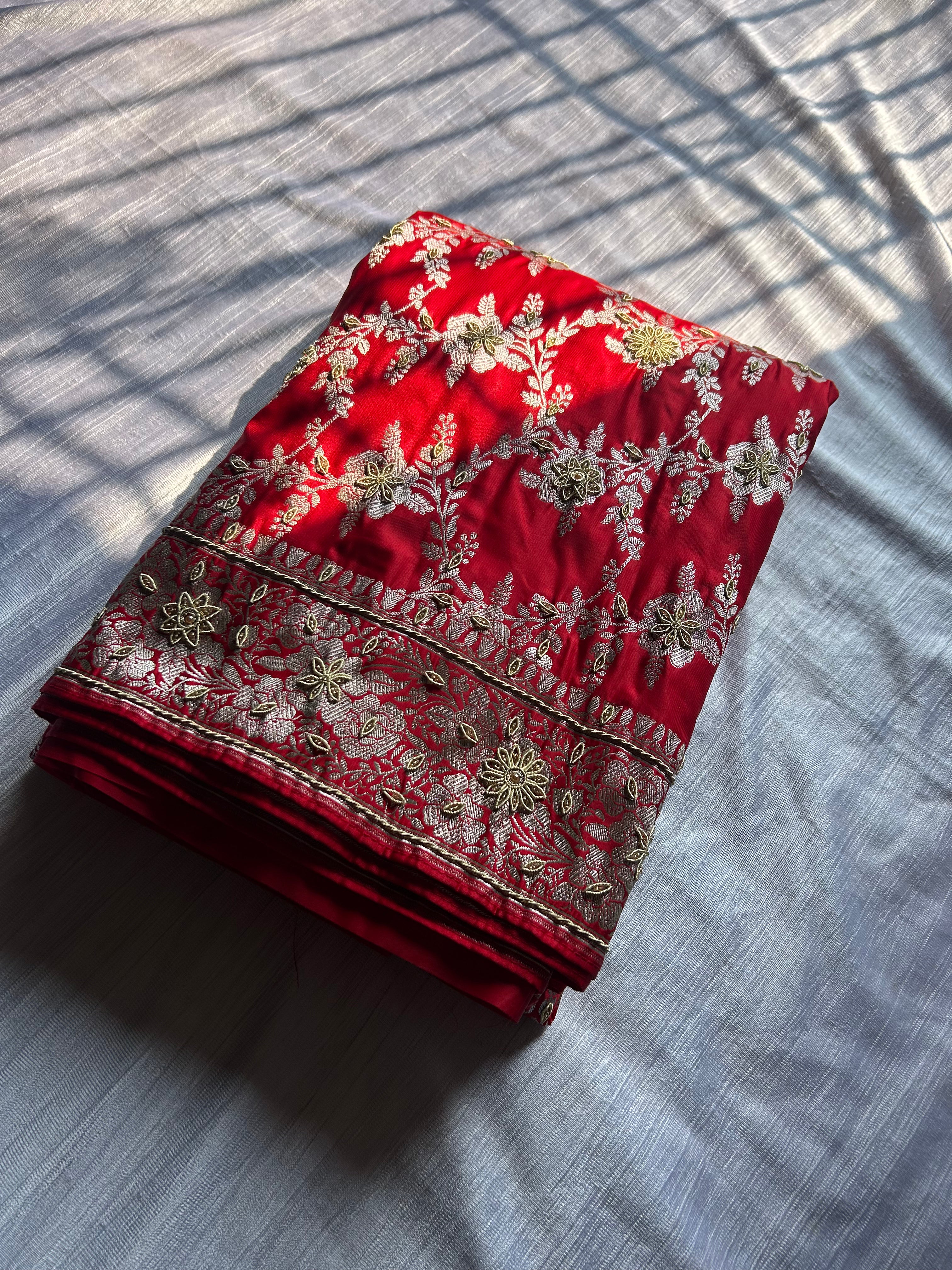 Lal Mirchi Red Zardozi Hand Work Saree | Floral Jall Mashru Satin Silk