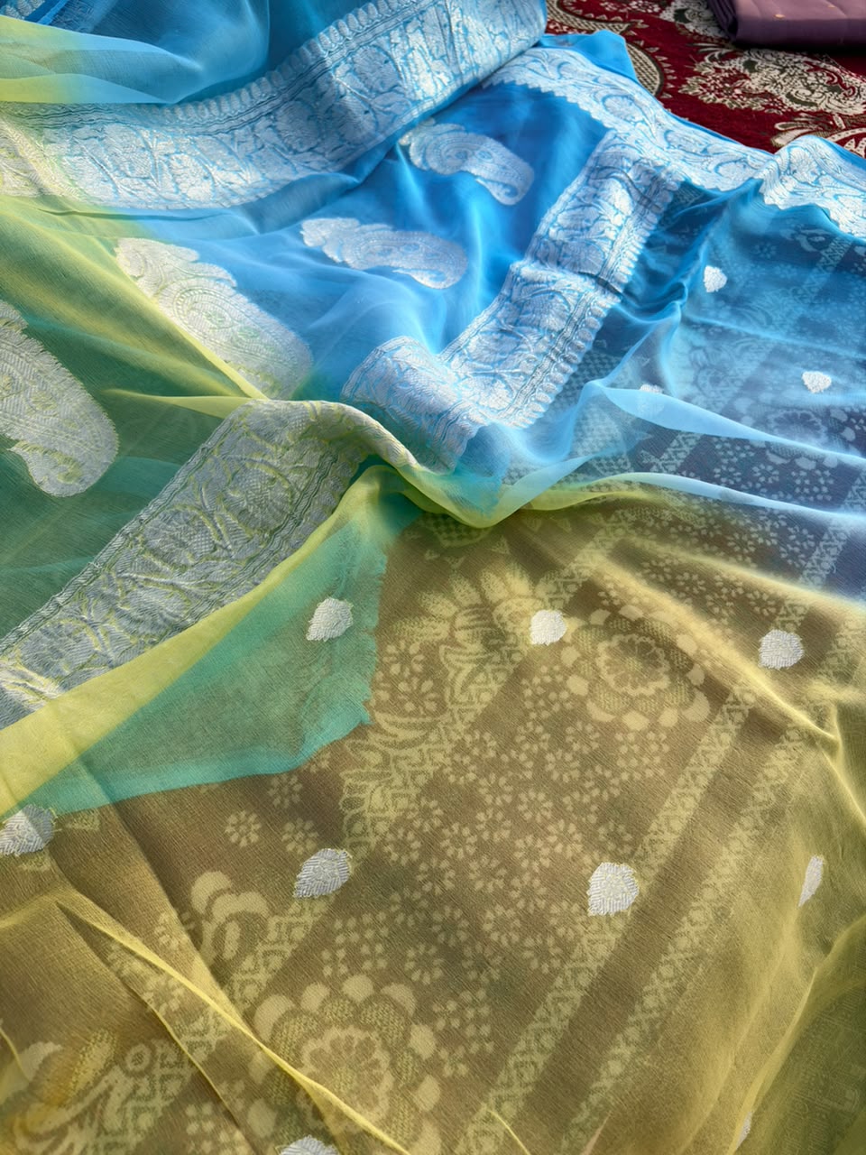 Mesmerizing Lemon Yellow & Light Blue Pure Khaddi Georgette Saree